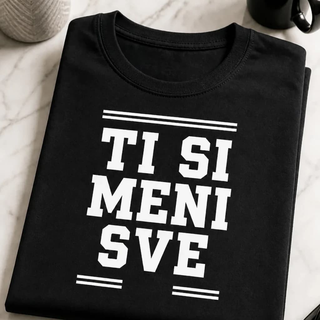 Crna navijačka majica s bijelim natpisom „Ti si meni sve“ između dvostrukih crta