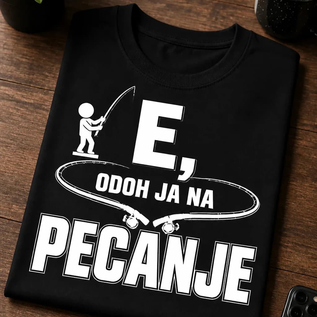 Crna majica s bijelim natpisom Odoh ja na pecanje, crtežom ribiča i ribičkim štapovima