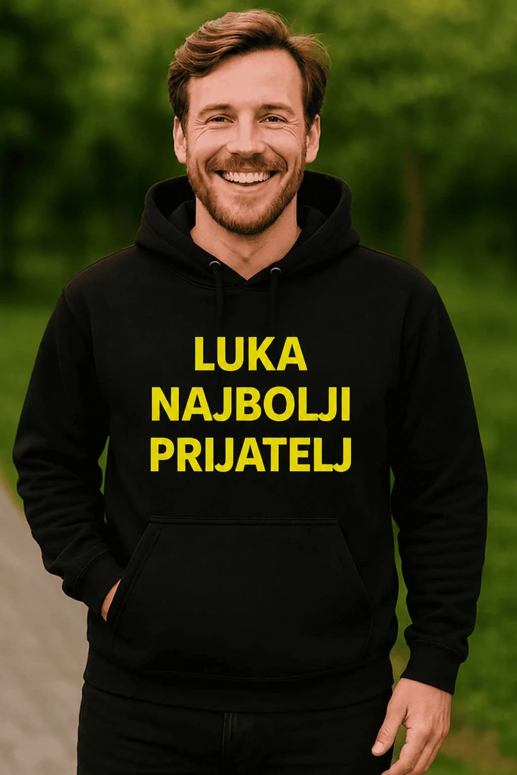 Muškarac u crnoj dukserici s kapuljačom sa žutim primjerom natpisa – svoj tekst upisuješ pri narudžbi