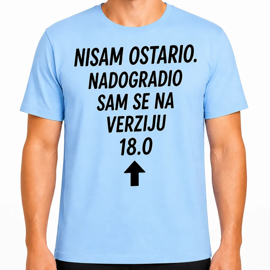 Svijetla majica s velikim crnim natpisom o nadogradnji na verziju 18 i crnom strelicom prema gore