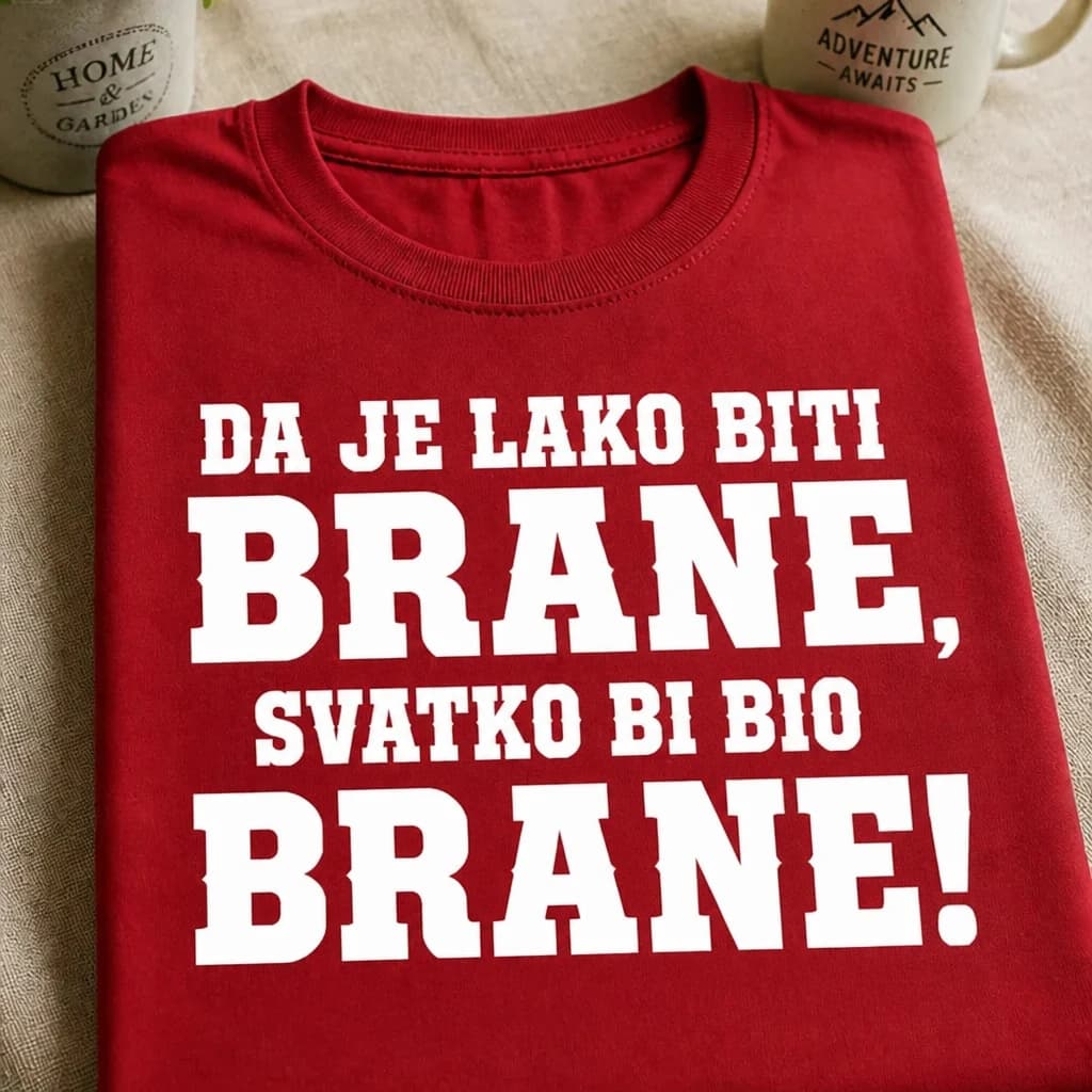 Crvena majica s bijelim natpisom „Da je lako biti Brane, svatko bi bio Brane!“, smiješna majica za Branu