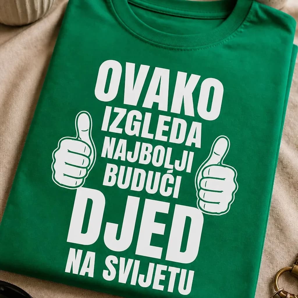 Zelena majica s natpisom „Ovako izgleda najbolji budući djed na svijetu“ i dva palca gore