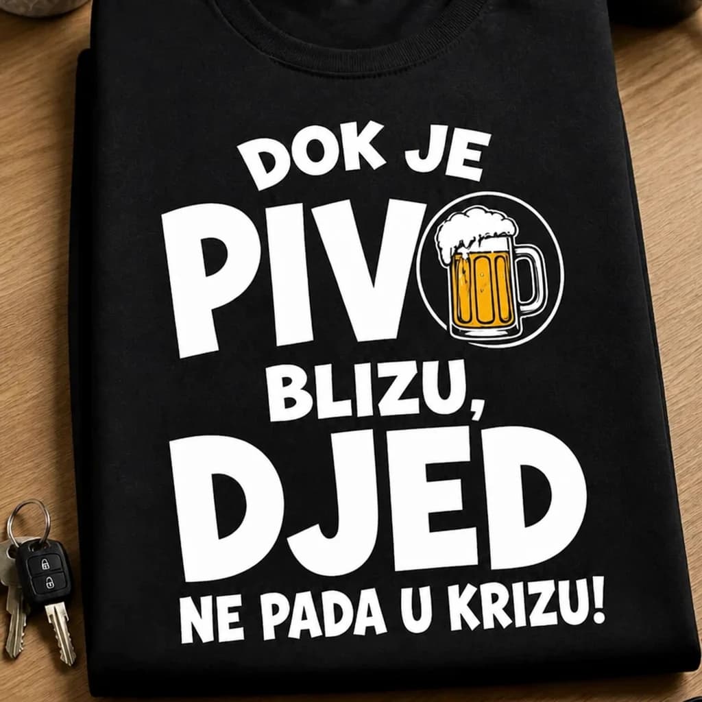 Crna majica s natpisom „Dok je pivo blizu, djed ne pada u krizu!“ i kriglom piva, poklon za djeda