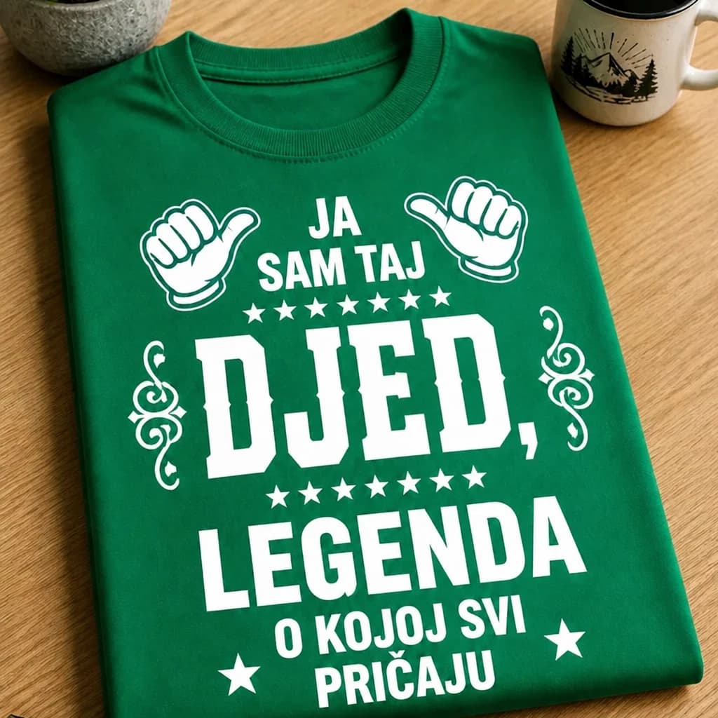 Zelena majica s natpisom „Ja sam taj djed, legenda o kojoj svi pričaju“ i rukama koje pokazuju na djeda