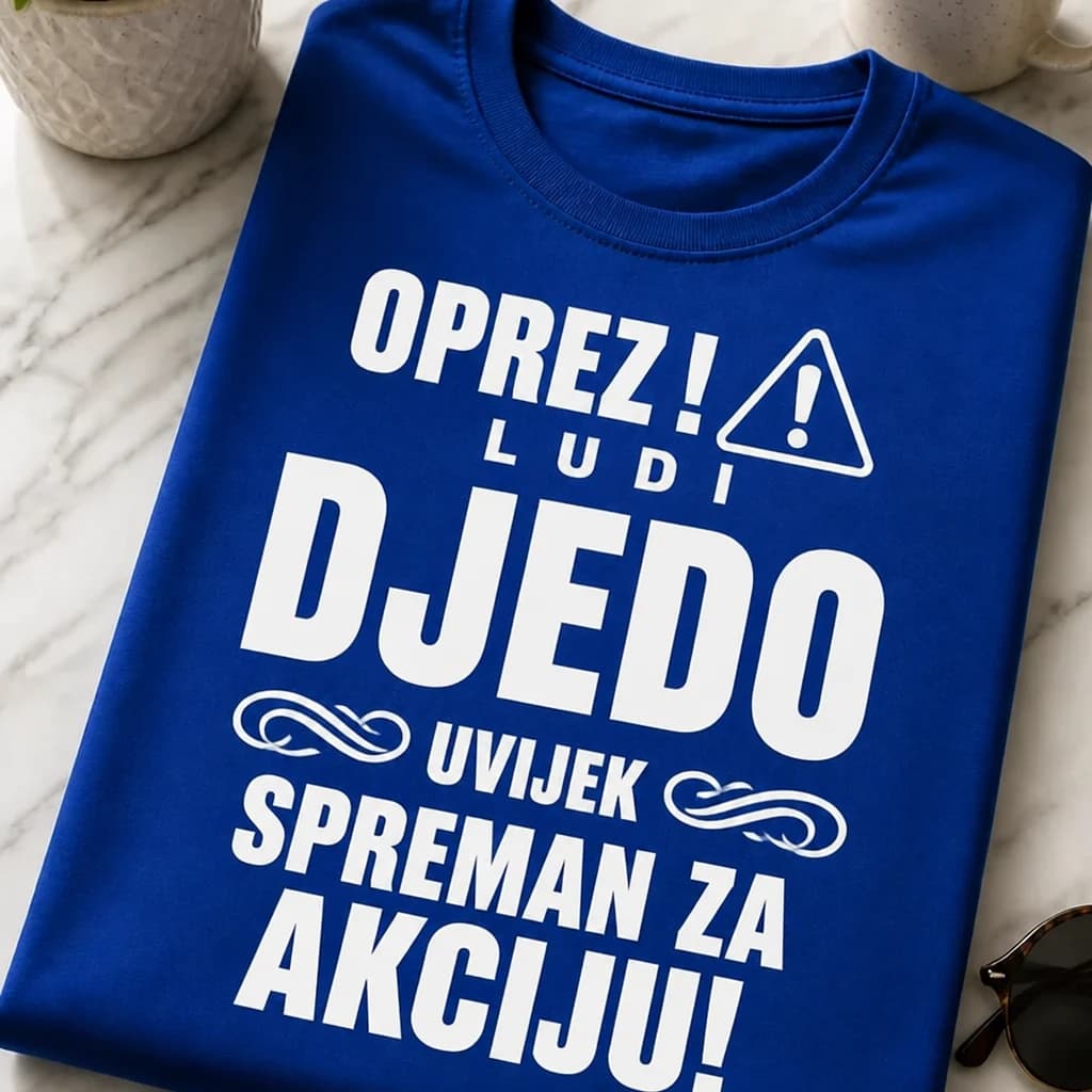 Kraljevsko plava majica s natpisom „Oprez! Ludi djedo uvijek spreman za akciju!“ i znakom upozorenja