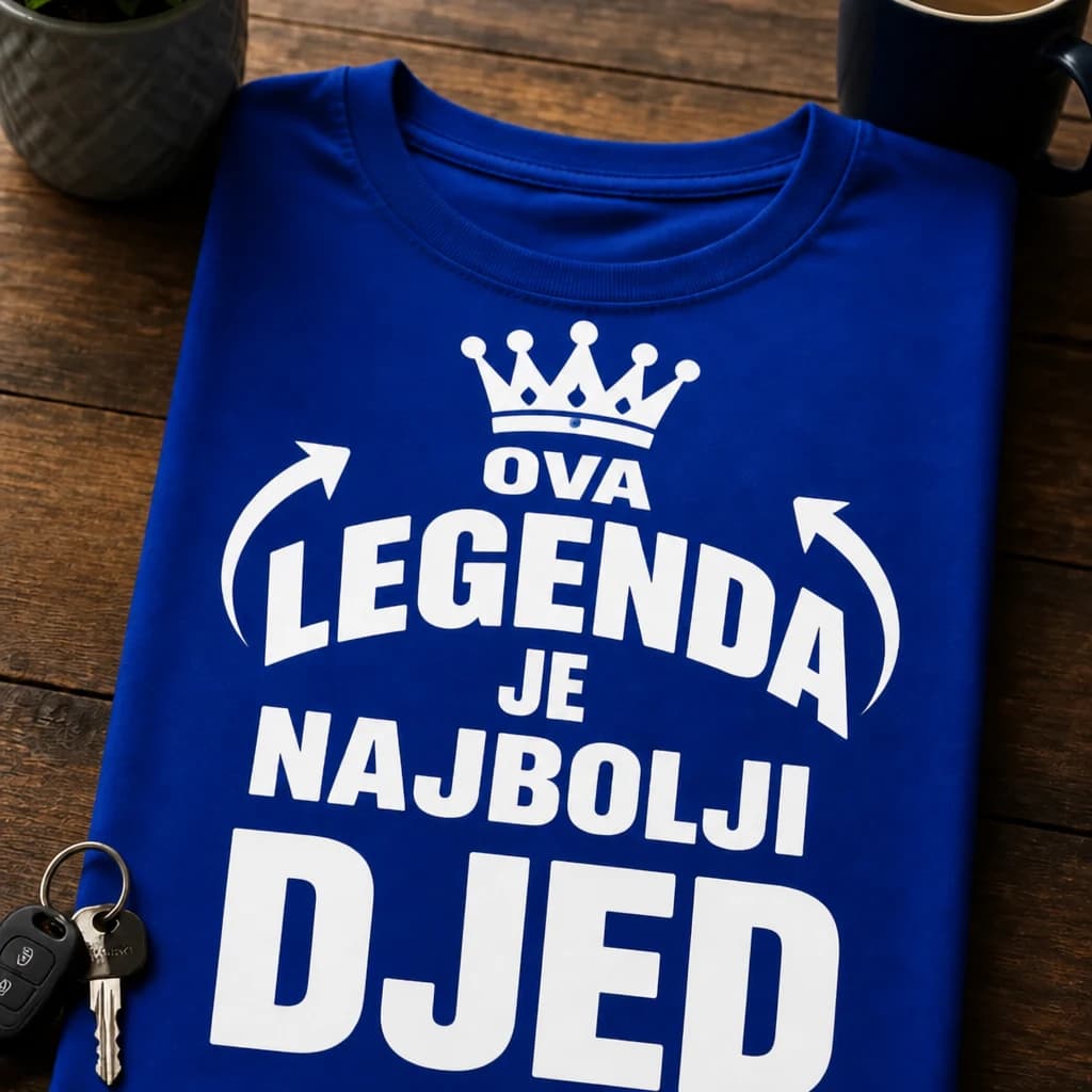 Kraljevsko plava majica s natpisom „Ova legenda je najbolji djed“, ukrašena krunom i strelicama