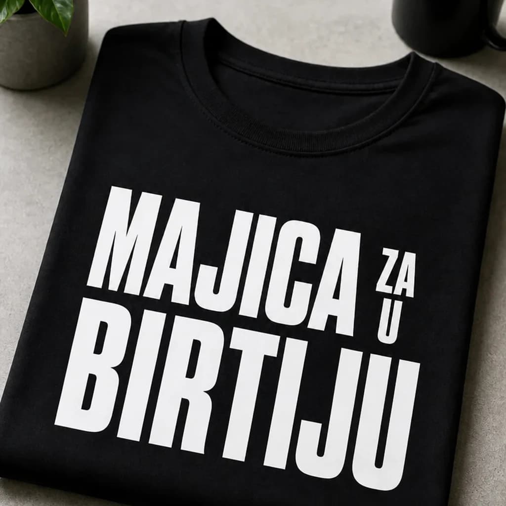Crna majica s krupnim bijelim natpisom „Majica za u birtiju“, smiješna majica za ekipu