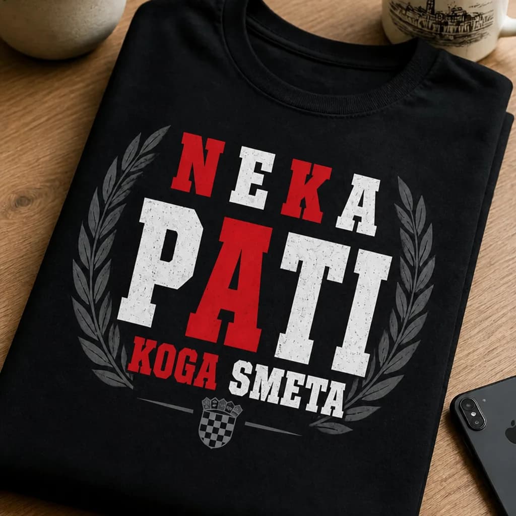 Crna majica za navijače s lovorovim vijencem, grbom i crveno-bijelim natpisom „Neka pati koga smeta“