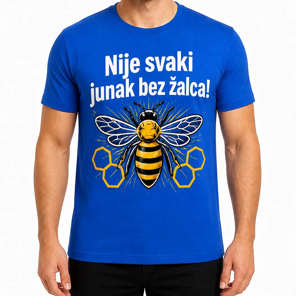 Kraljevsko plava majica za pčelara s pčelom koja zrači i natpisom „Nije svaki junak bez žalca!“