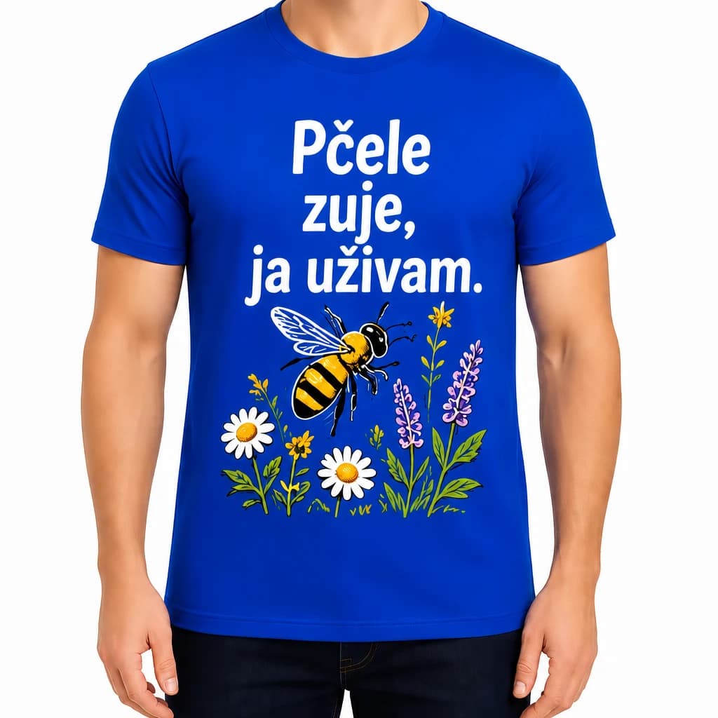 Kraljevsko plava majica za pčelara s pčelom, tratinčicama, lavandom i natpisom o pčelama koje zuje
