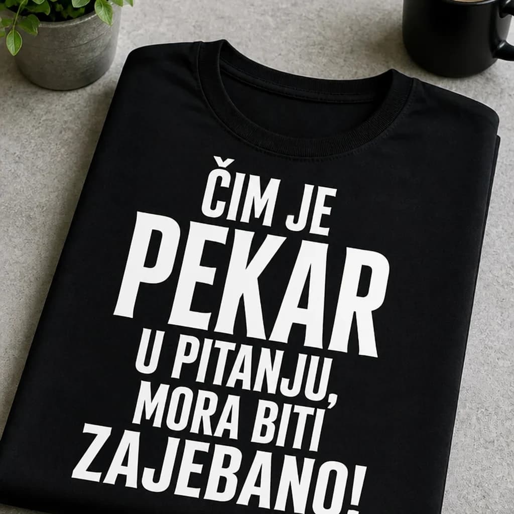 Crna majica za pekare s bijelim natpisom „Čim je pekar u pitanju, mora biti zajebano!“