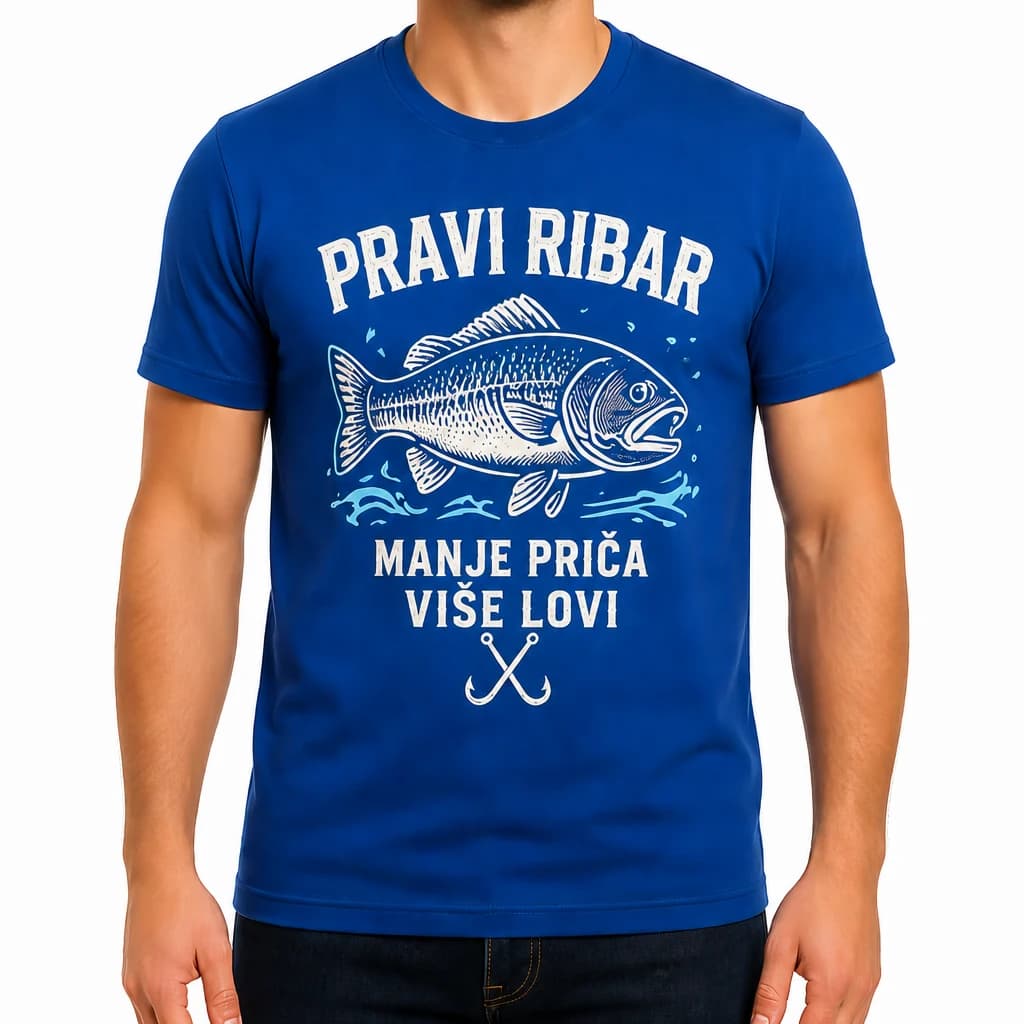 Kraljevsko plava majica s natpisom „Pravi ribar – manje priča, više lovi“, ribom i prekriženim udicama