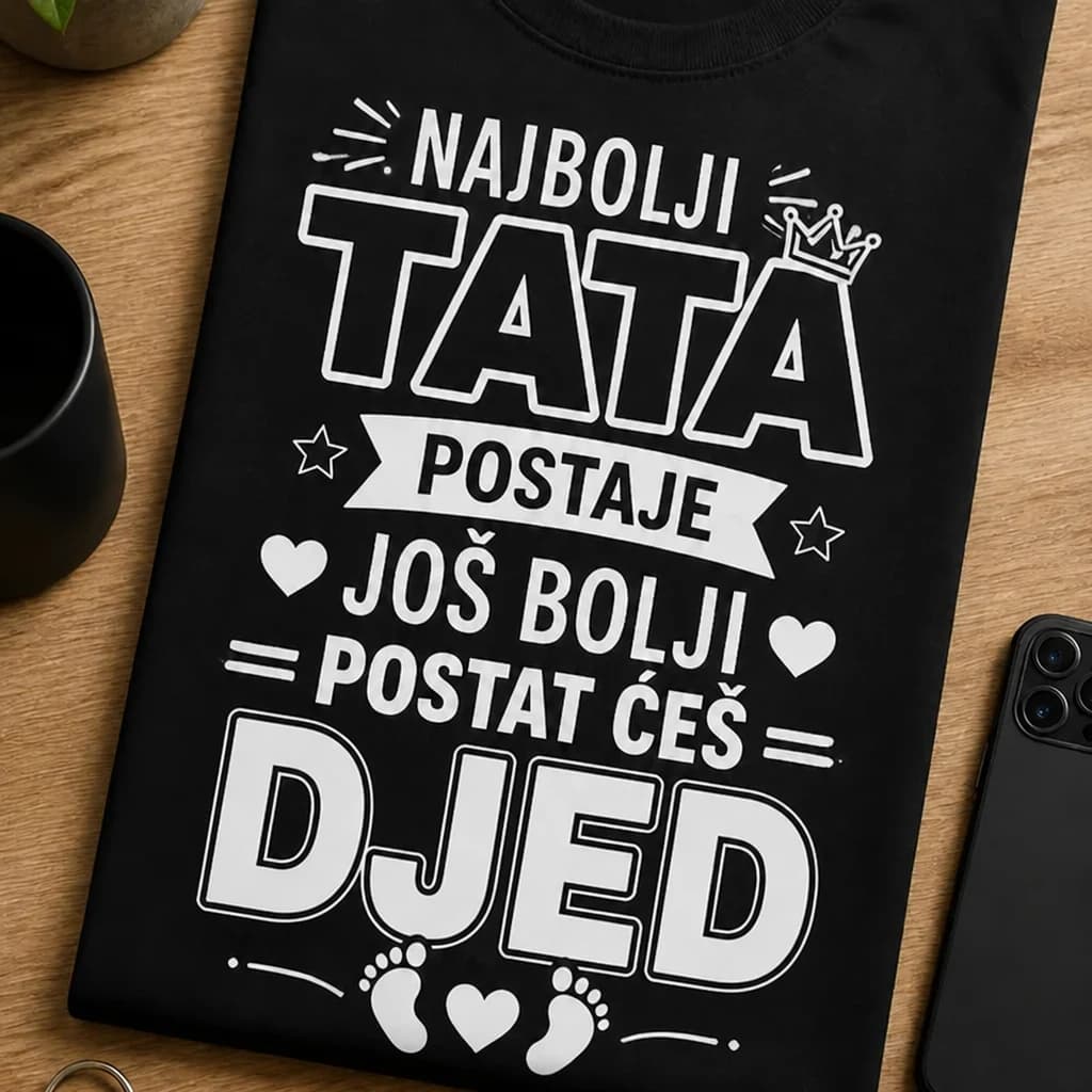 Crna majica s natpisom „Najbolji tata postaje još bolji, postat ćeš djed“ i otiscima stopala – za budućeg djeda