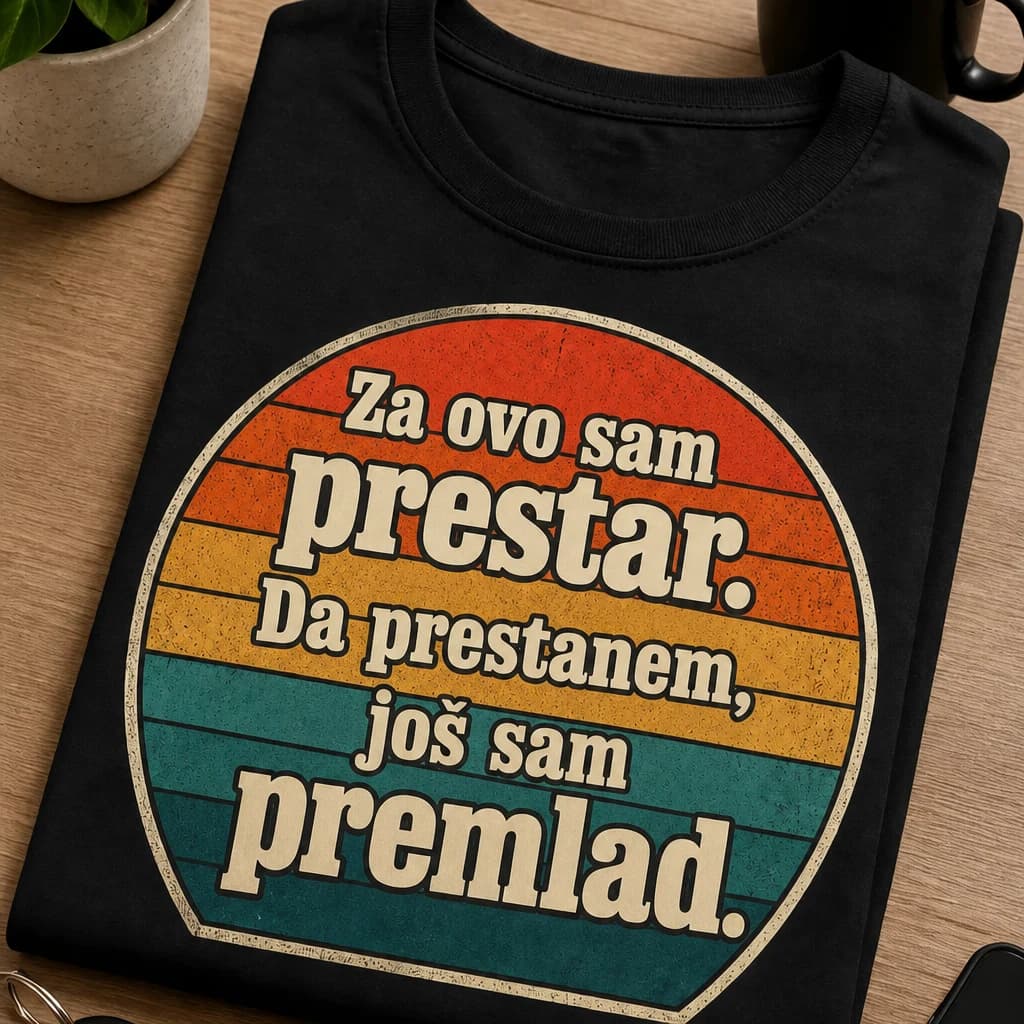Crna majica s retro zalaskom sunca i rođendanskim natpisom o tome da je slavljenik prestar i premlad