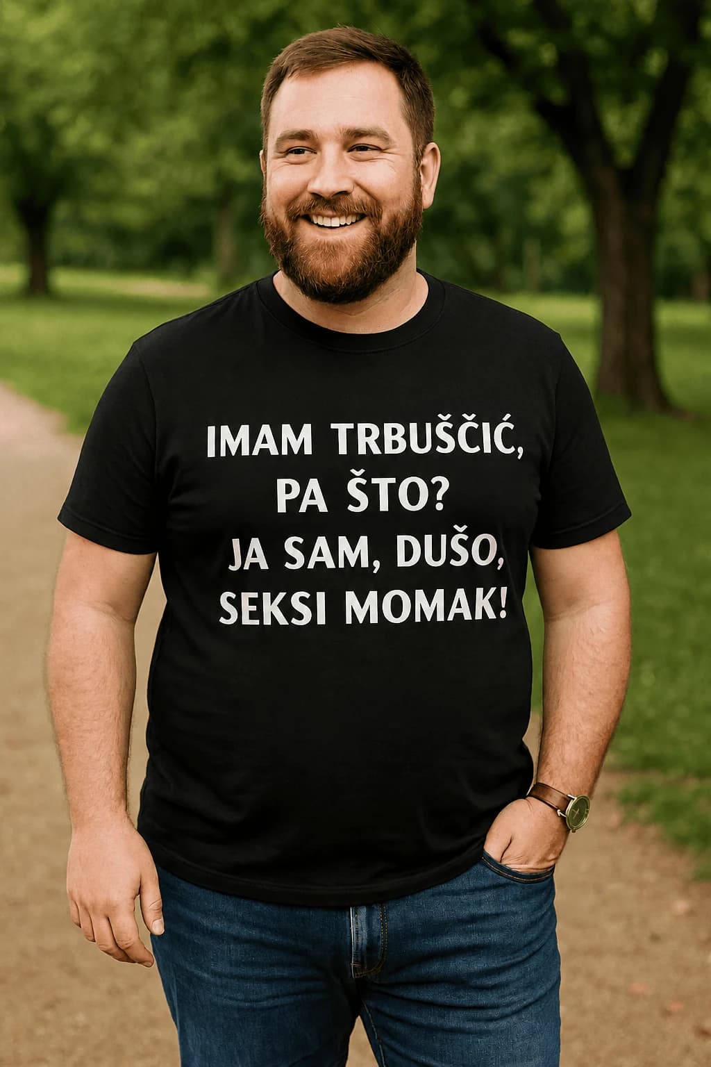 Nasmijan muškarac u crnoj majici s bijelim šaljivim natpisom o trbuhu i seksi momku – smiješna majica za muškarce