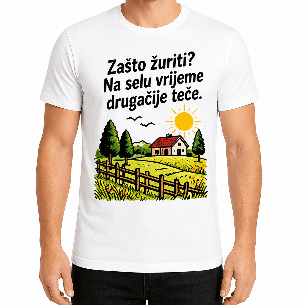 Majica za poljoprivrednika – Zašto žuriti? Na selu vrijeme drugačije teče.