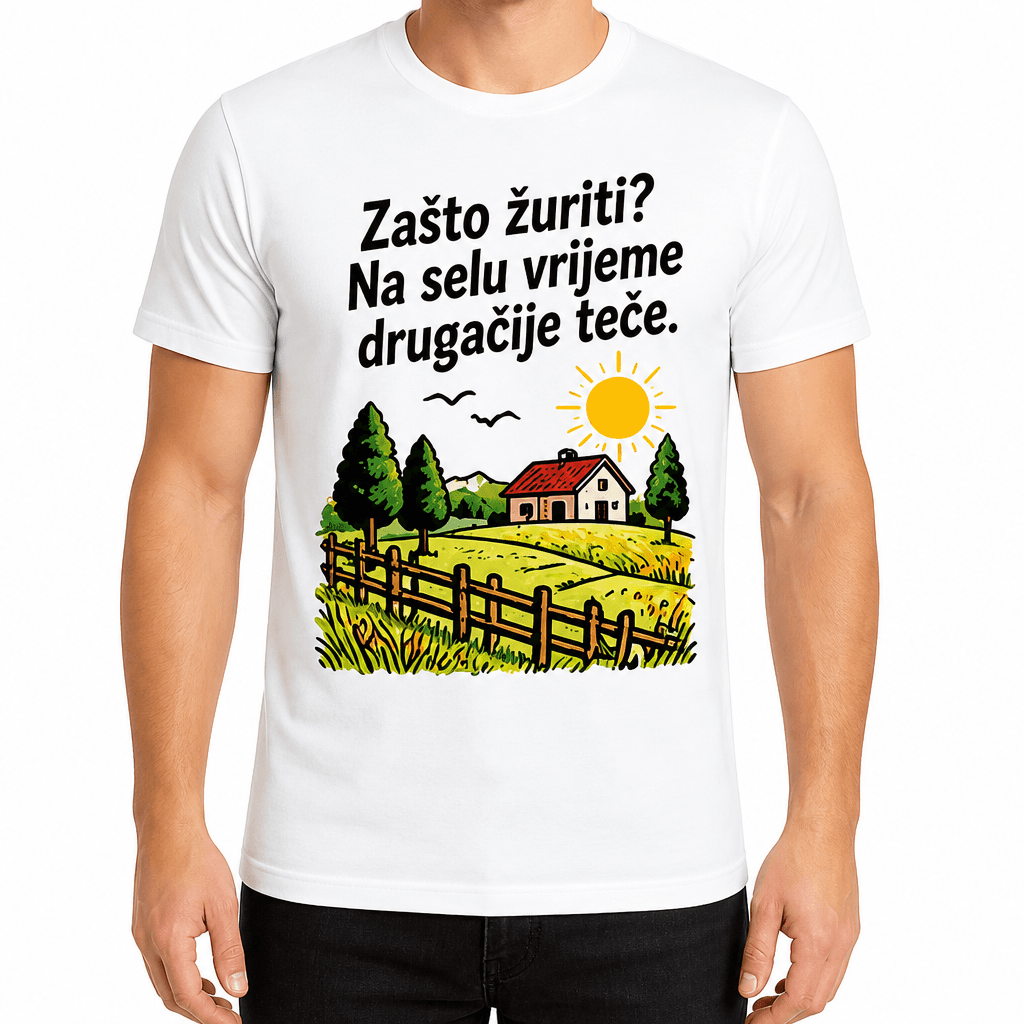 Majica za poljoprivrednika – Zašto žuriti? Na selu vrijeme drugačije teče.