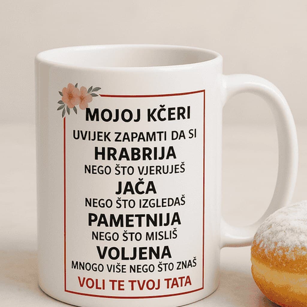 Šalica ‚MOJOJ KĆERI UVIJEK ZAPAMTI DA SI HRABRIJA NEGO ŠTO VJERUJEŠ JAČA NEGO ŠTO IZGLEDAŠ PAMETNIJA NEGO ŠTO MISLIŠ VOLJENA MNOGO VIŠE NEGO ŠTO ZNAŠ VOLI TE TVOJ TATA' - poklon od tate