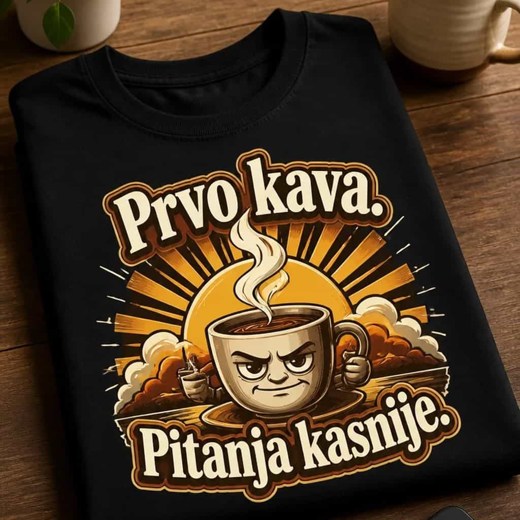 Majica s natpisom Prvo kava. Pitanja kasnije.