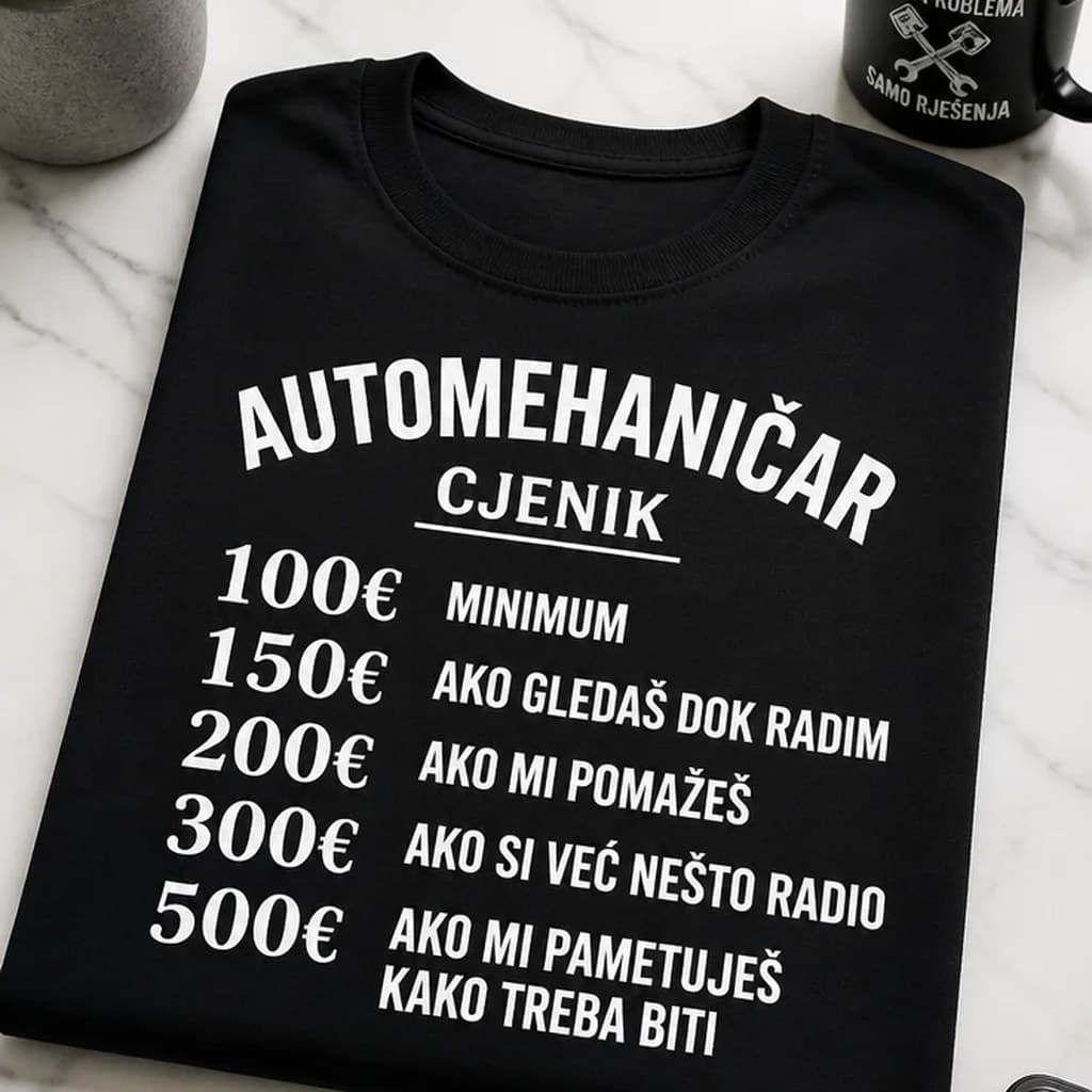 Crna majica s natpisom „Automehaničar cjenik“ i šaljivim cijenama od 100 € minimum do 500 € ako mi pametuješ