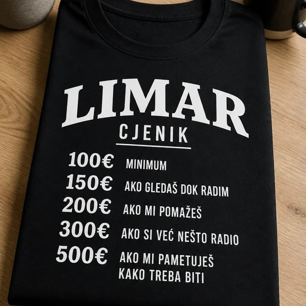 Crna majica za limara s natpisom „Limar cjenik“ i šaljivim popisom cijena od 100€ do 500€