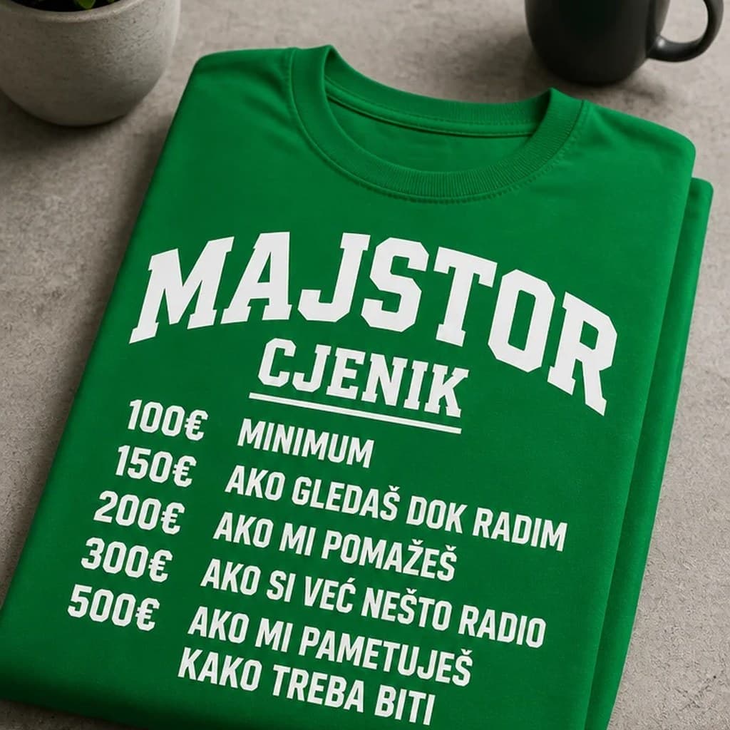 Zelena majica s natpisom „Majstor cjenik“ i šaljivim popisom cijena od 100€ do 500€