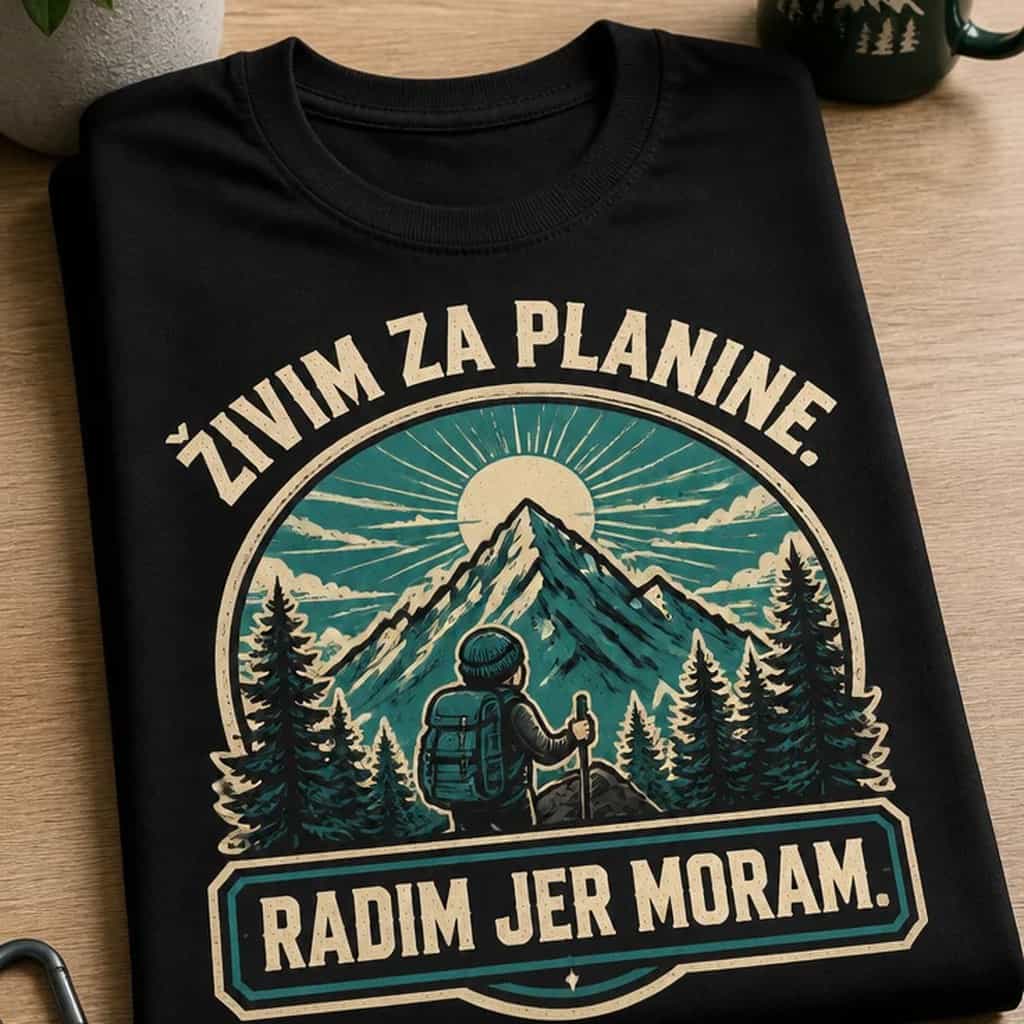 Majica za planinarenje: Živim za planine. Radim jer moram.