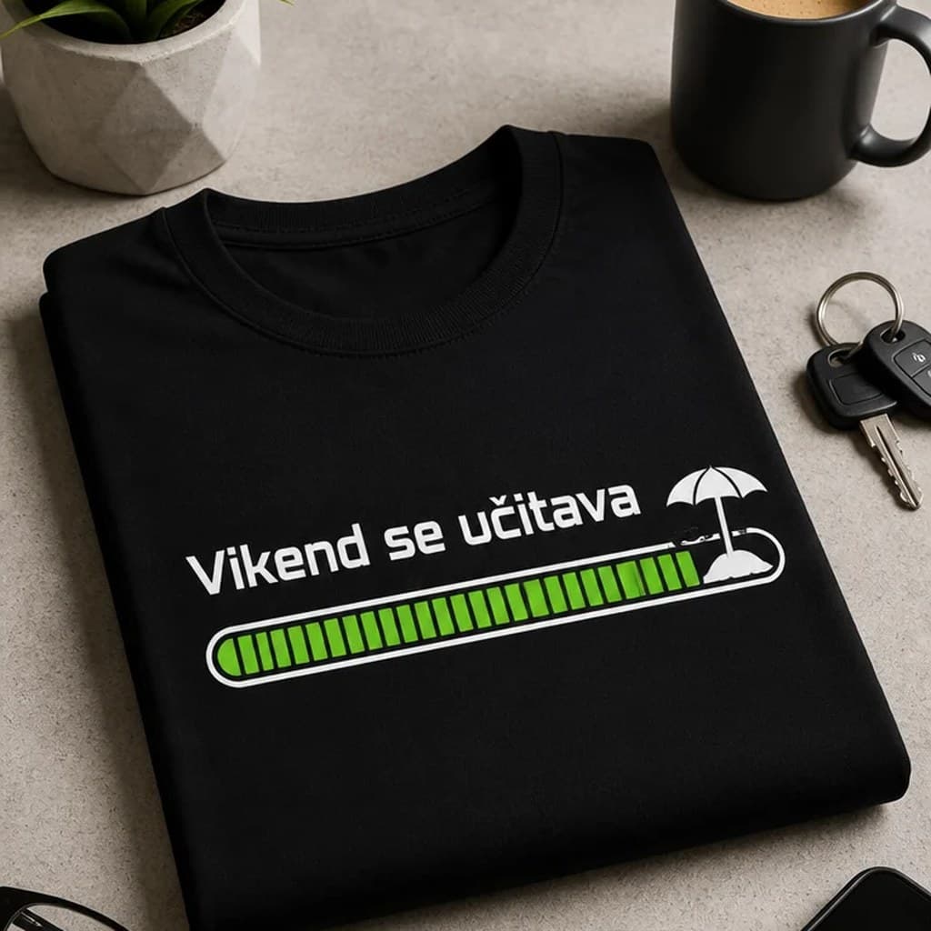 Crna majica s natpisom „Vikend se učitava“ i zelenom trakom za učitavanje sa suncobranom