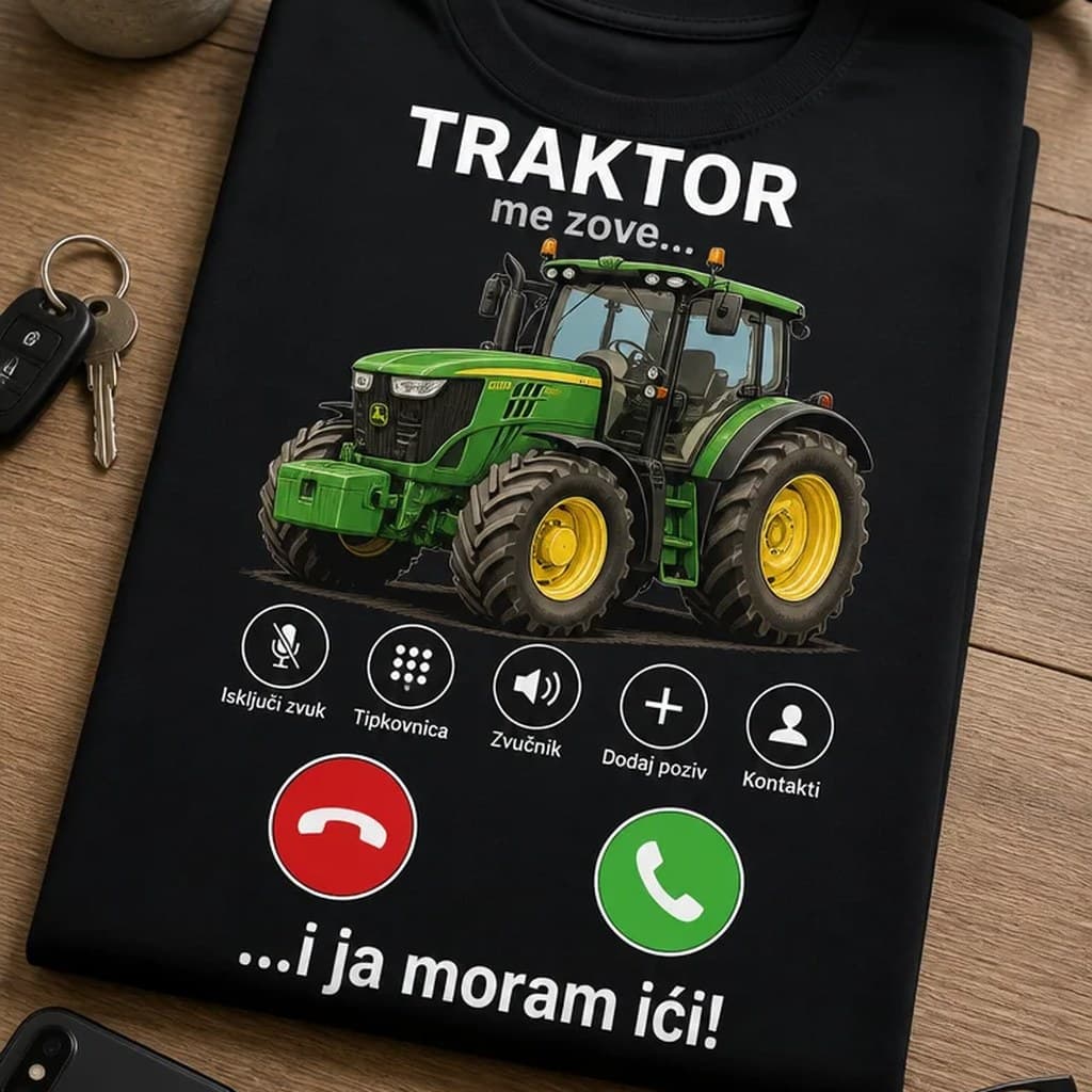 Crna majica sa zelenim traktorom i natpisom „TRAKTOR me zove… i ja moram ići!“ – majica za traktoriste