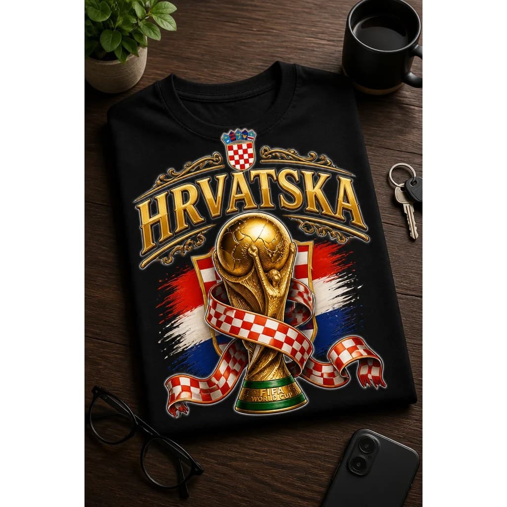 Crna majica sa zlatnim natpisom „HRVATSKA“, grbom, trofejem i šahovnicom – navijačka majica