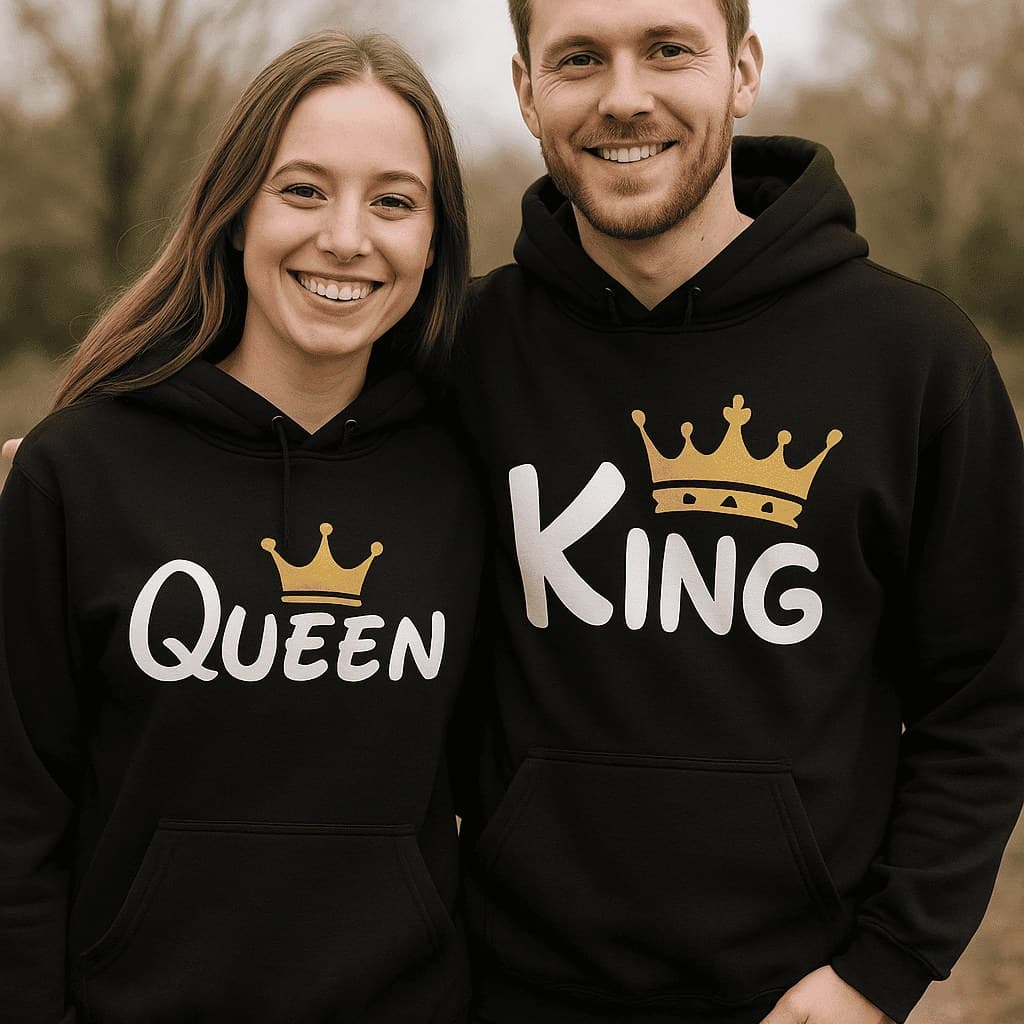 Nasmijani par u crnim duksericama s bijelim natpisima QUEEN i KING i zlatnim krunama iznad slova