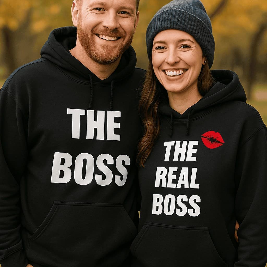Nasmijani par u crnim duksericama s natpisima THE BOSS i THE REAL BOSS s crvenim poljupcem