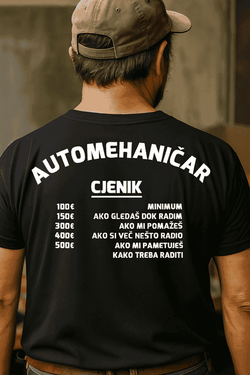 Majica automehaničar cjenik: 100€ gledanje, 300€ pomoć