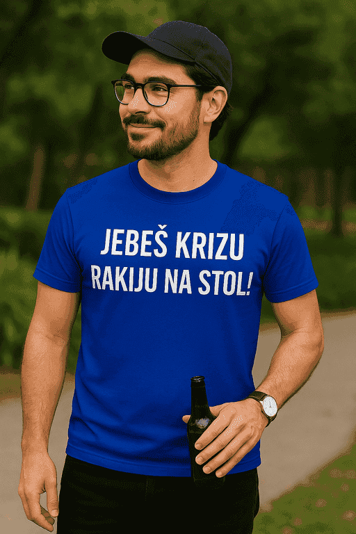Majica za ljubitelje rakije - JEBEŠ KRIZU RAKIJU NA STOL!