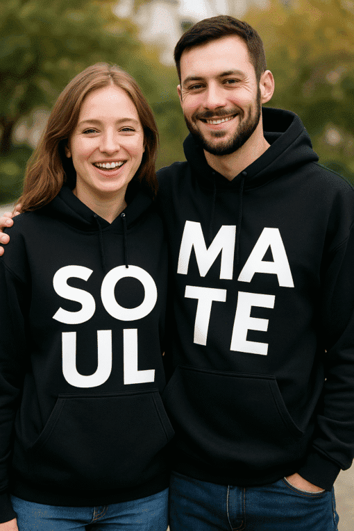 1. hoodie s natpisom SOUL i MATE, modernski, otisnut na kvalitetnoj tkanini.