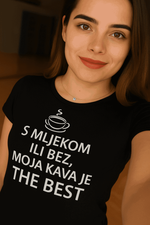 UŽIVO: stilizirani tekst na majici sviđa ljubitelje kava i mlijeka, savršen modni dodatak za kavuškoljupce.