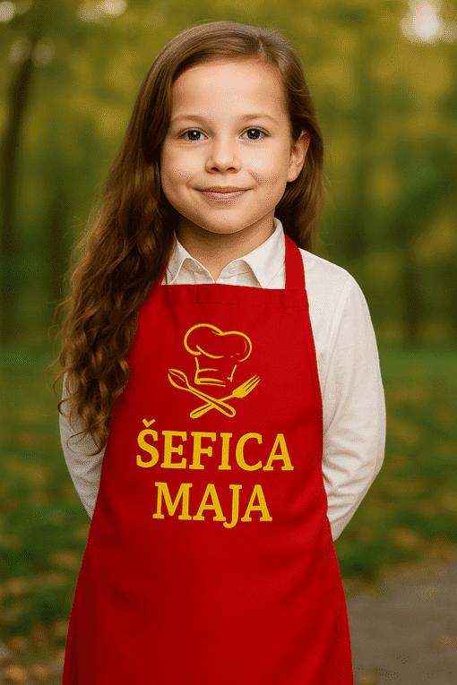 Punoći s majicom za kuhanje Šefica Maja, personalizirana kuhinjska odjeća za djevojčice.