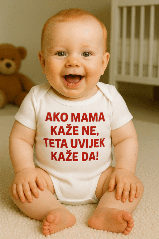 Sigurnost i igra za bebe, prikaz s osmijehom i tekstom na majici.