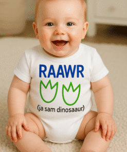 Maštoveni dječji bodi s dinosaurima i zabavnim natpisom za najmlađe.