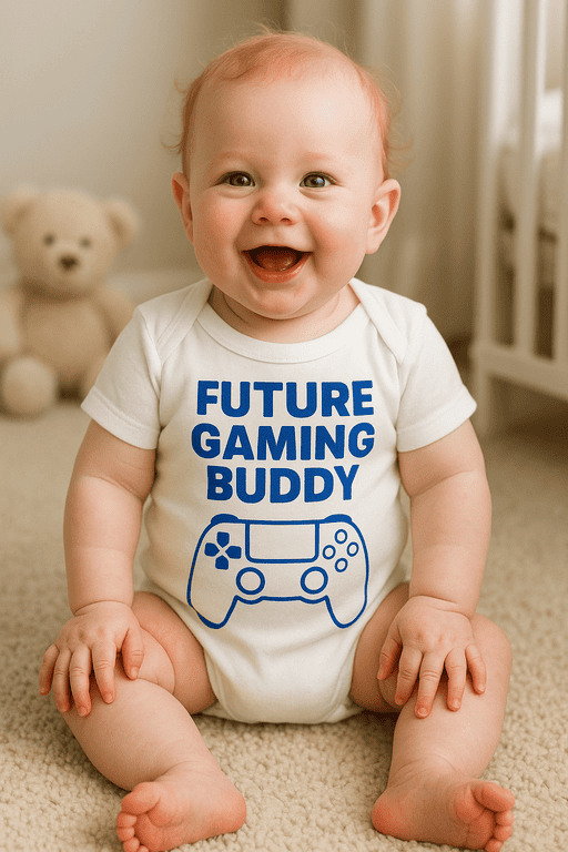 Slučajni smajli dječaka u majici s natpisom "Future Gaming Buddy".