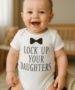 - Dječja majica "Lock Up Your Daughters" s crnim mašnom, prikladna za tople dane.