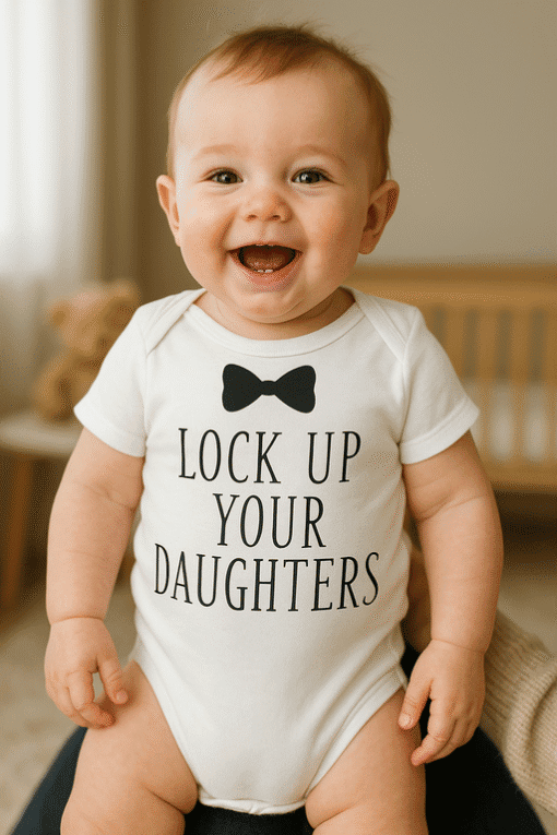 - Dječja majica "Lock Up Your Daughters" s crnim mašnom, prikladna za tople dane.