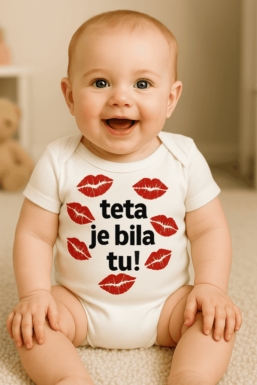 1. Dijete u bijelom Bodyju s crvenim usnama i tekstom "Teta je bila tu".