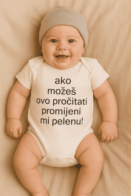 Slađena beba u bijelom bodiju s tekstom za trendi odjeću.