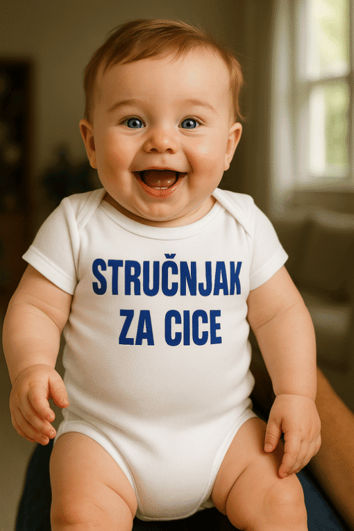 - Slika dječje majice s natpisom "Stručnjak za cice".