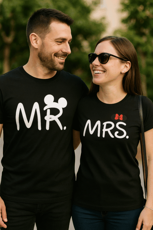 Parovi u crnim majicama s natpisima MR i MRS, odjeveni za posebnu priliku, sretni i nasmijani.