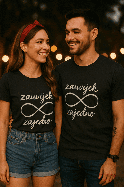Srebrne majice s infinity simbolom i natpisom Zauvijek zajedno.