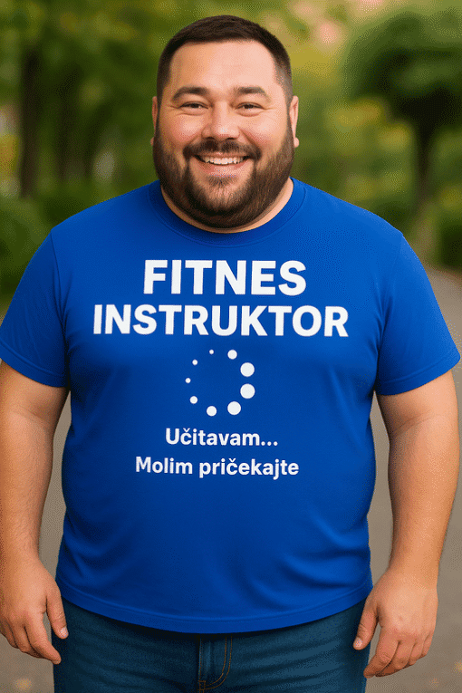 Fitness instruktor na t-skjecu, idealan za sportsku odjeću i promociju fitness sadržaja.