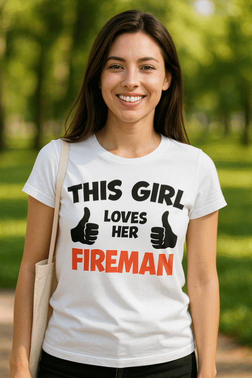 1. žena u majici s natpisom "This Girl Loves Her Fireman".