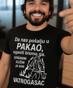 Vatrogasac majica s natpisom za zaštitu i promociju, idealno za poklon ili osobni stil.